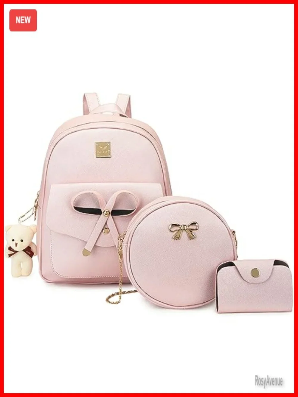 Faux Leather Bowknot Mini Backpack Purse Set with Shoulder Bag and Card Wallet